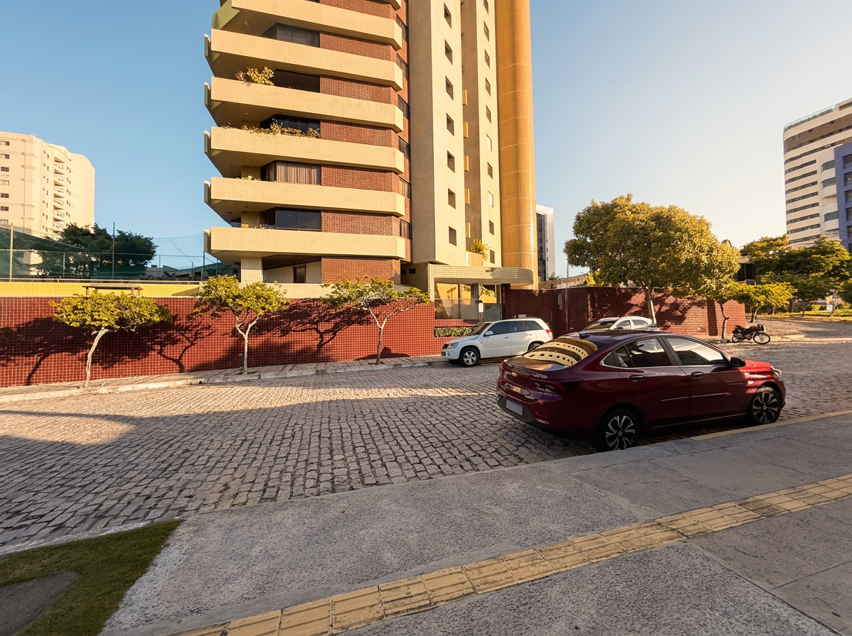 Rua ampla e tranquila em frente à Dermoclínica, com vagas de estacionamento livres